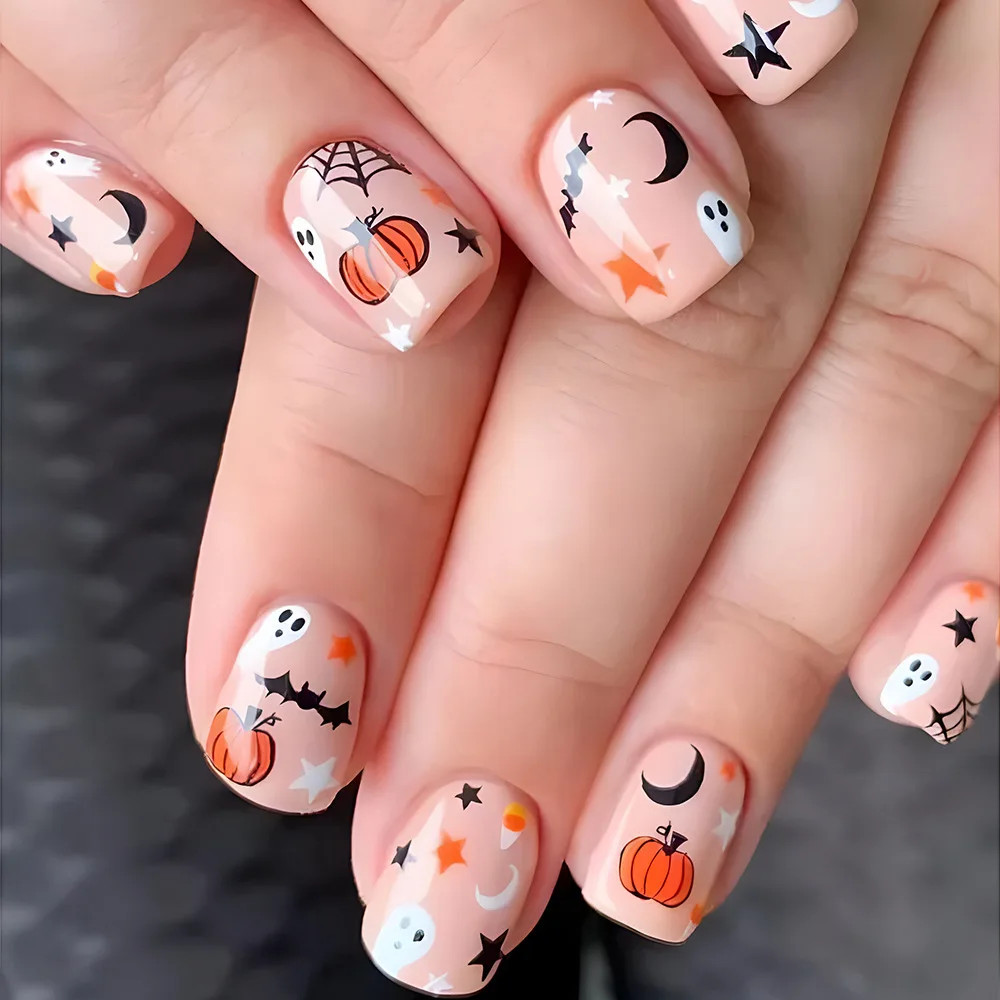 24pcs Halloween Spider Gothic Short Round Press On Nails