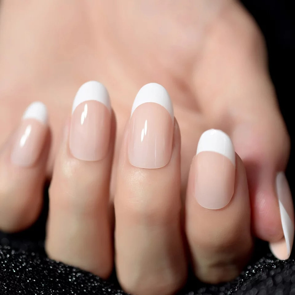 24 New Press on Nails Kit w glue oval french nude white tip medium short