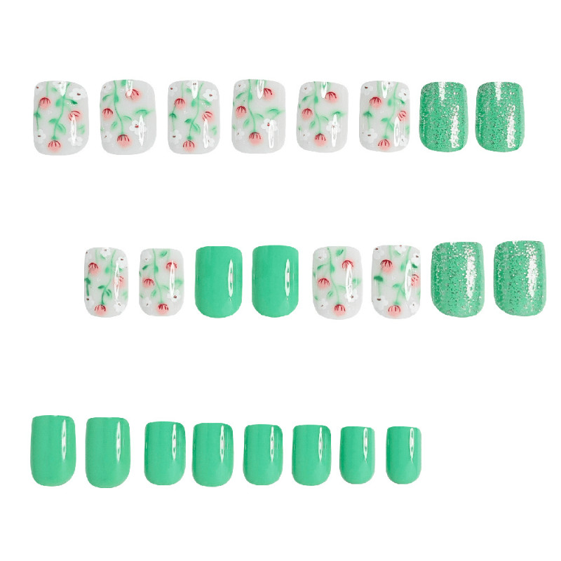 48 Pcs Mint Green Press on Nails, Short Square Cat Eye Floral Summer Fake Nails