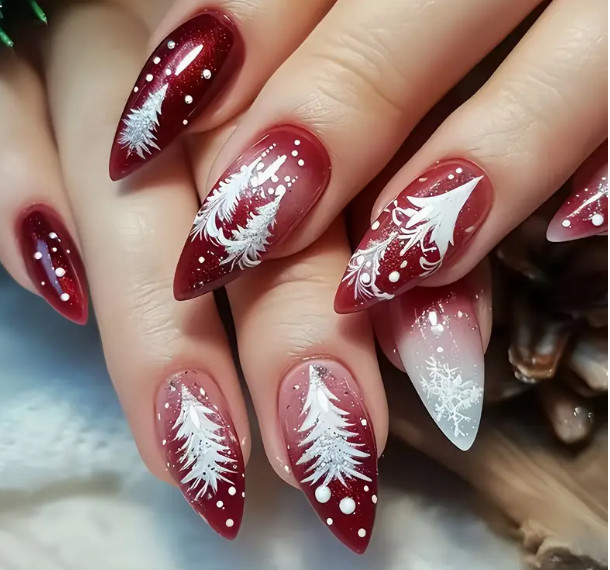 Christmas 24 Pcs Press-On Nails Long Almond Abstract Xmas Tree & Silver Glitter