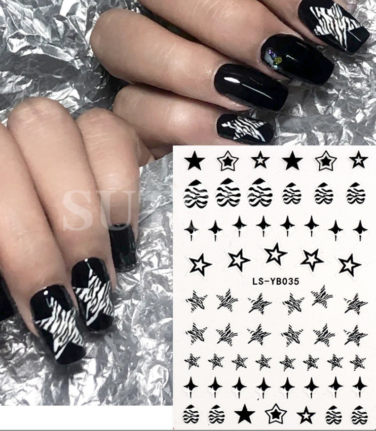 Nail Art Stickers 3D Black White Pink Star Heart Manicure Slider DIY NS40