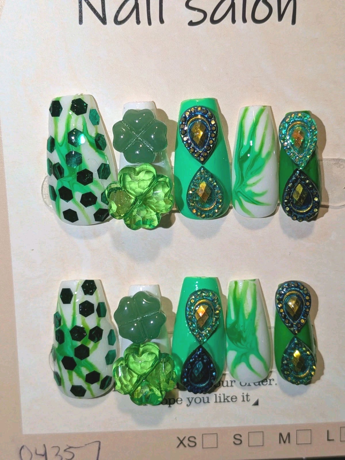 Hand Crafted St Patty Short Nail Set with Quality Glowing Gem Accents Sz LARGE