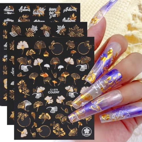 8 Sheets Fall Nail Stickers Maple Leaf Butterflies Nail Decal Self Halloween 12
