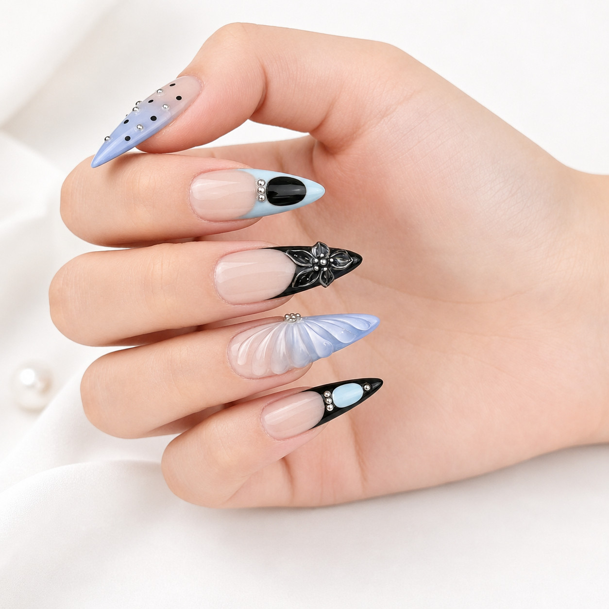Long Stiletto Press On Nails Blue Black French Tip Butterfly Rhinestone Nail Set