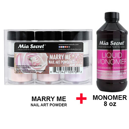 Mia Secret Monomer 8 oz with Marry Me 6 Colors Set Nail Art Powder