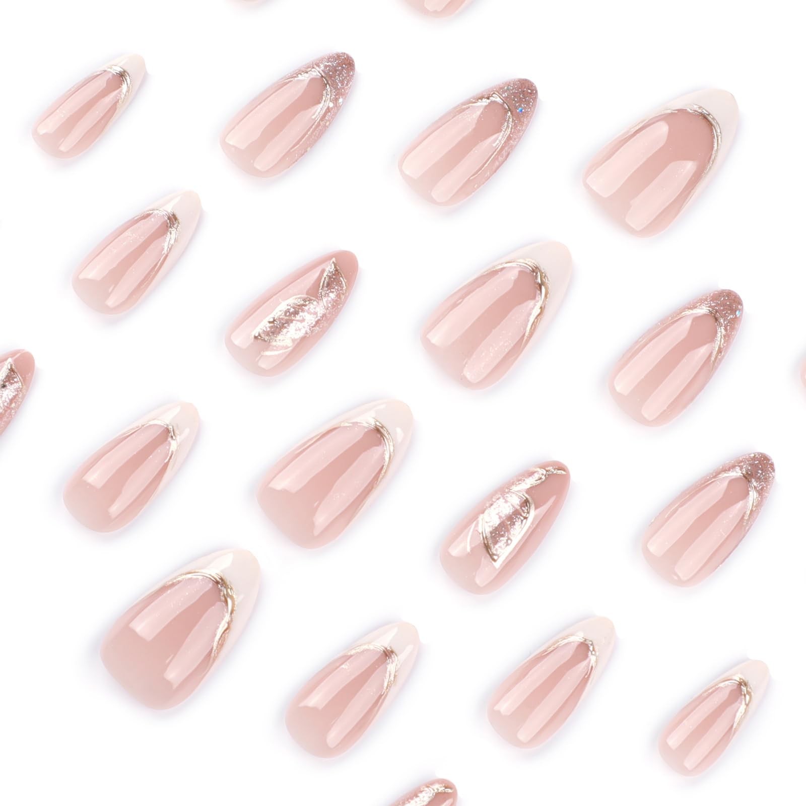Medium Press On Nails Almond – Nude & White French Tips with Gold Foil and Gl…