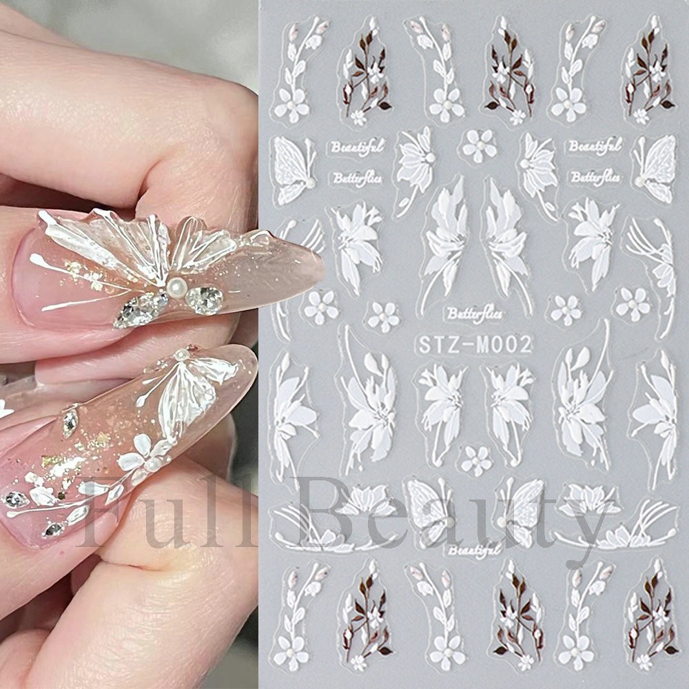 2Pcs White Butterfly Flower Lily Petal Matte Effect Thin Nail Art Stickers NH27