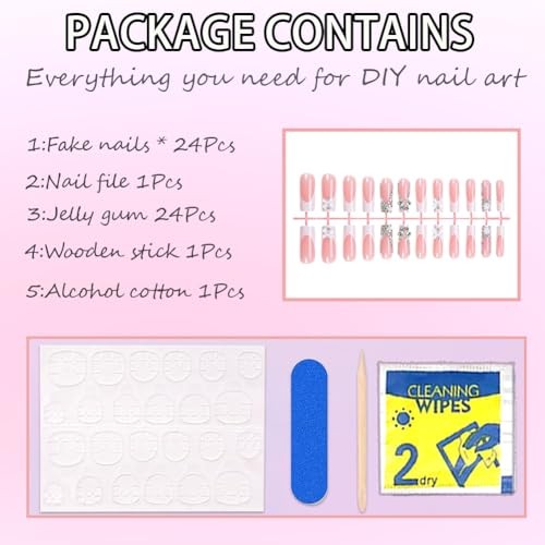 Long Square Press On Nails French Tip White Fake Nails with Butterfly Charm