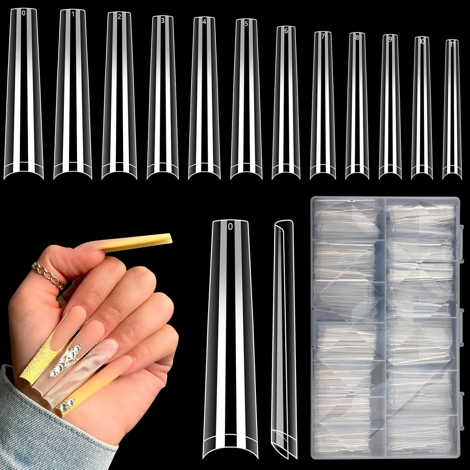 504-Piece Set of XXXL Clear Coffin Nail Tips for Acrylic Nails 12 Sizes