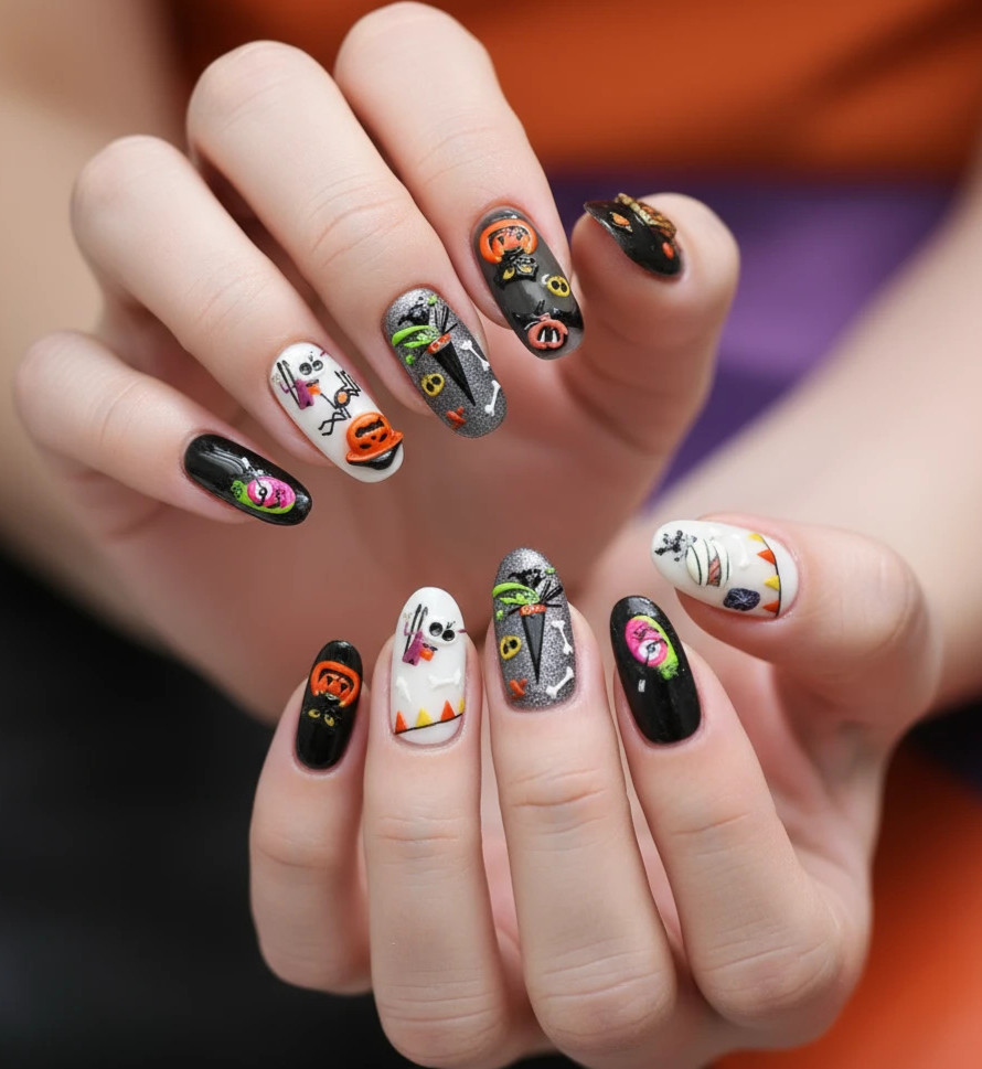 Halloween Ghost Nail Stickers – Cartoon Pumpkin, Witch & Spooky Decals (355)