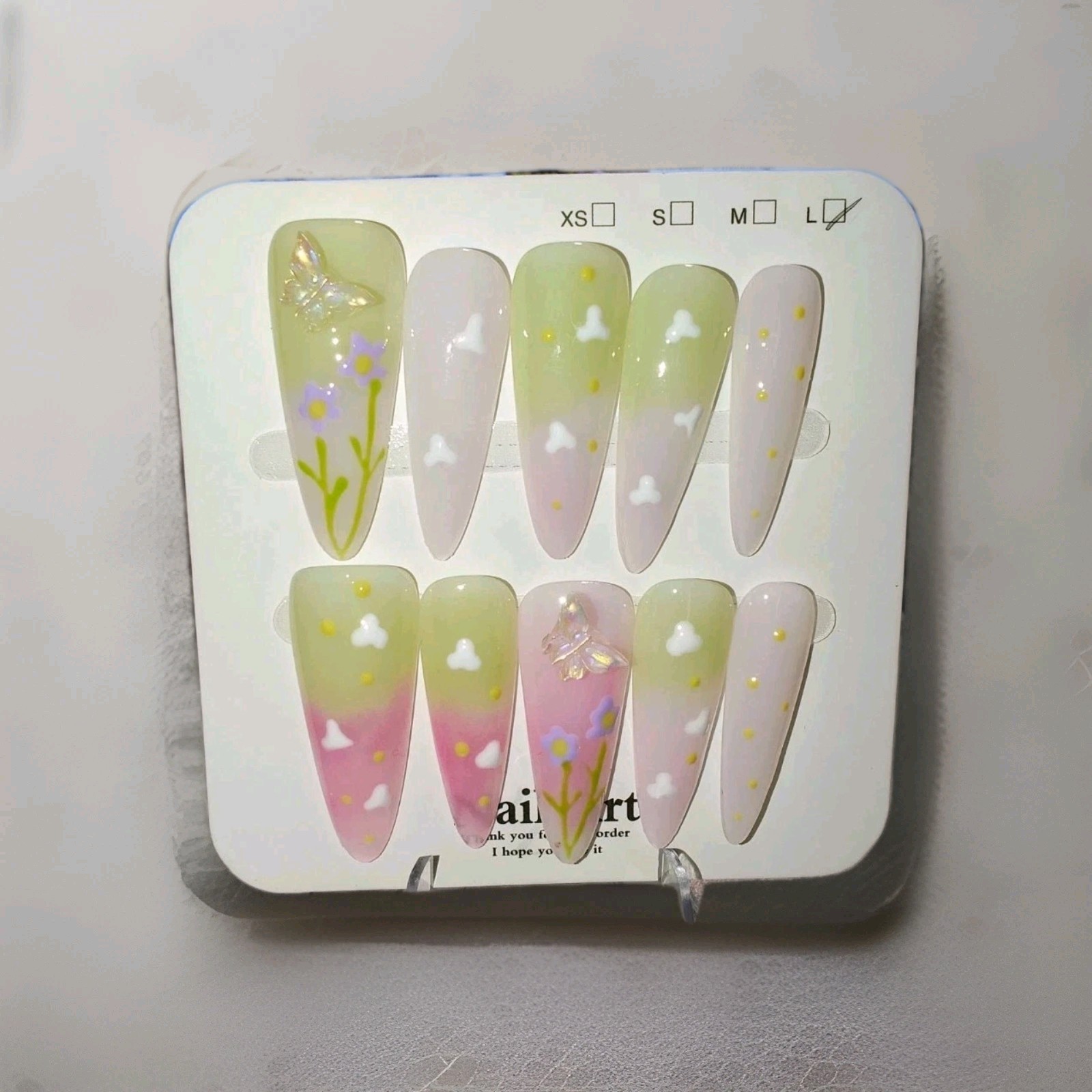 Pink Green Purple Long Coffin 3D Butterfly Flower Press-On Nails Full Cover