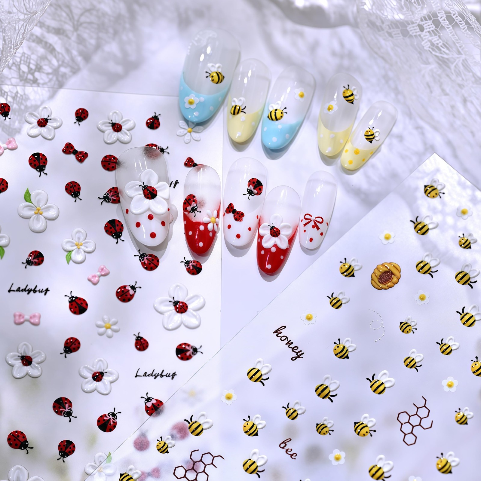 2 Sheets Floral Ladybug Nail Stickers 5D Embossed Cute Bee Nails Decals Tiny …