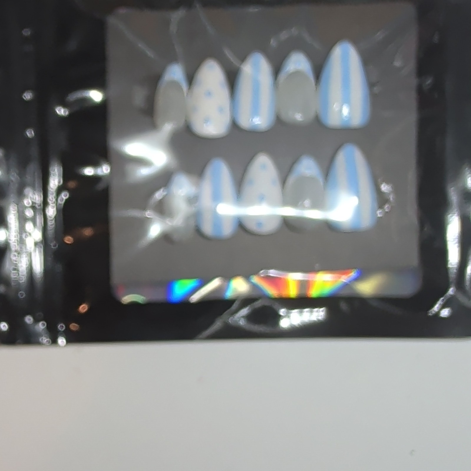 10 Piece Medium Almond Press-On Nails, Full Cover Shiny Blue White Polka!