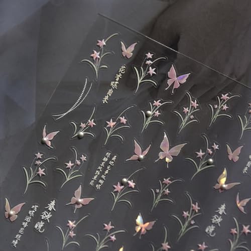 Pink Butterfly Nail Decals Stickers with 3D Pearl Design Spring Nail stickers10