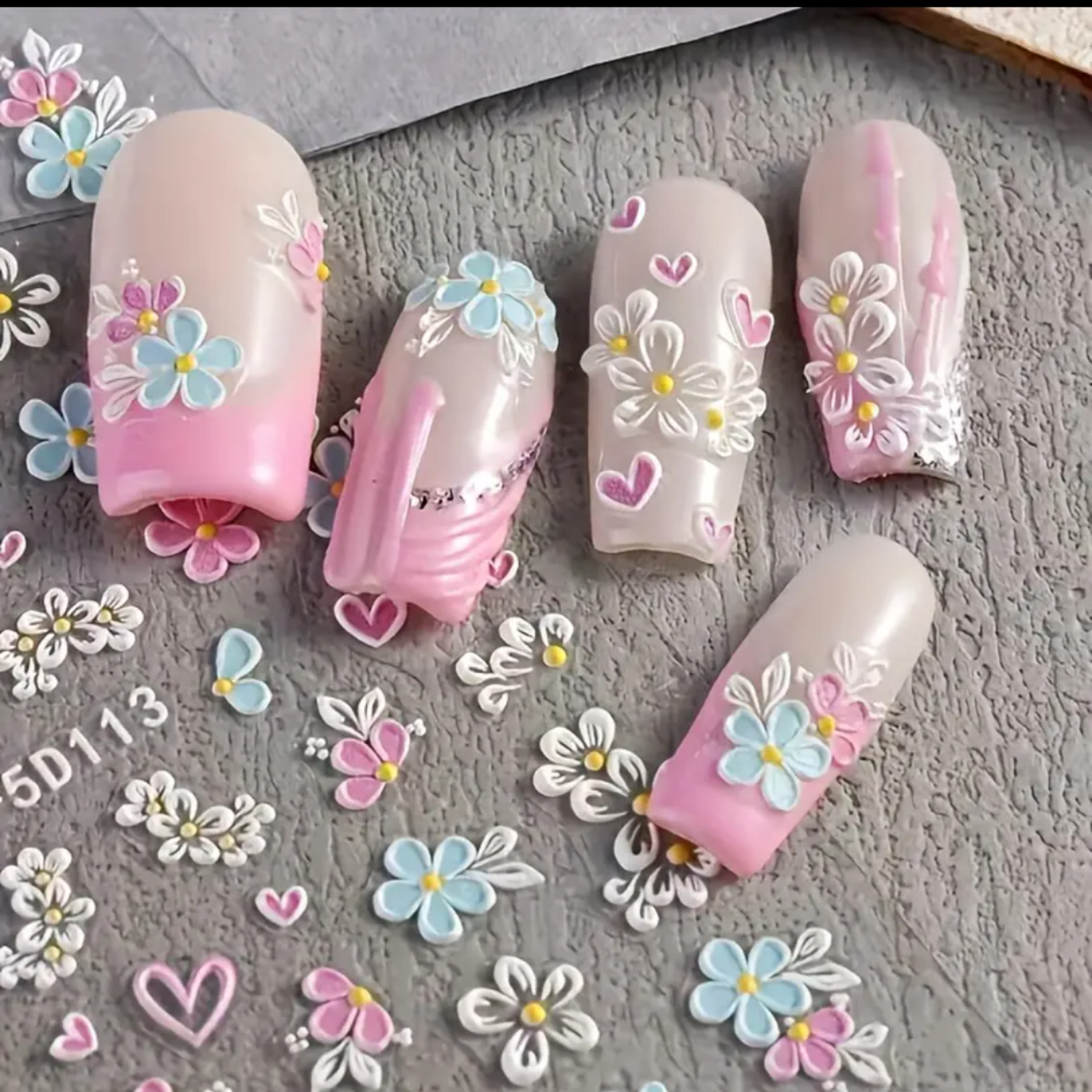5D Embossed Floral Nail Art Stickers,Spring & Summer Fantasy Manicure Decoration