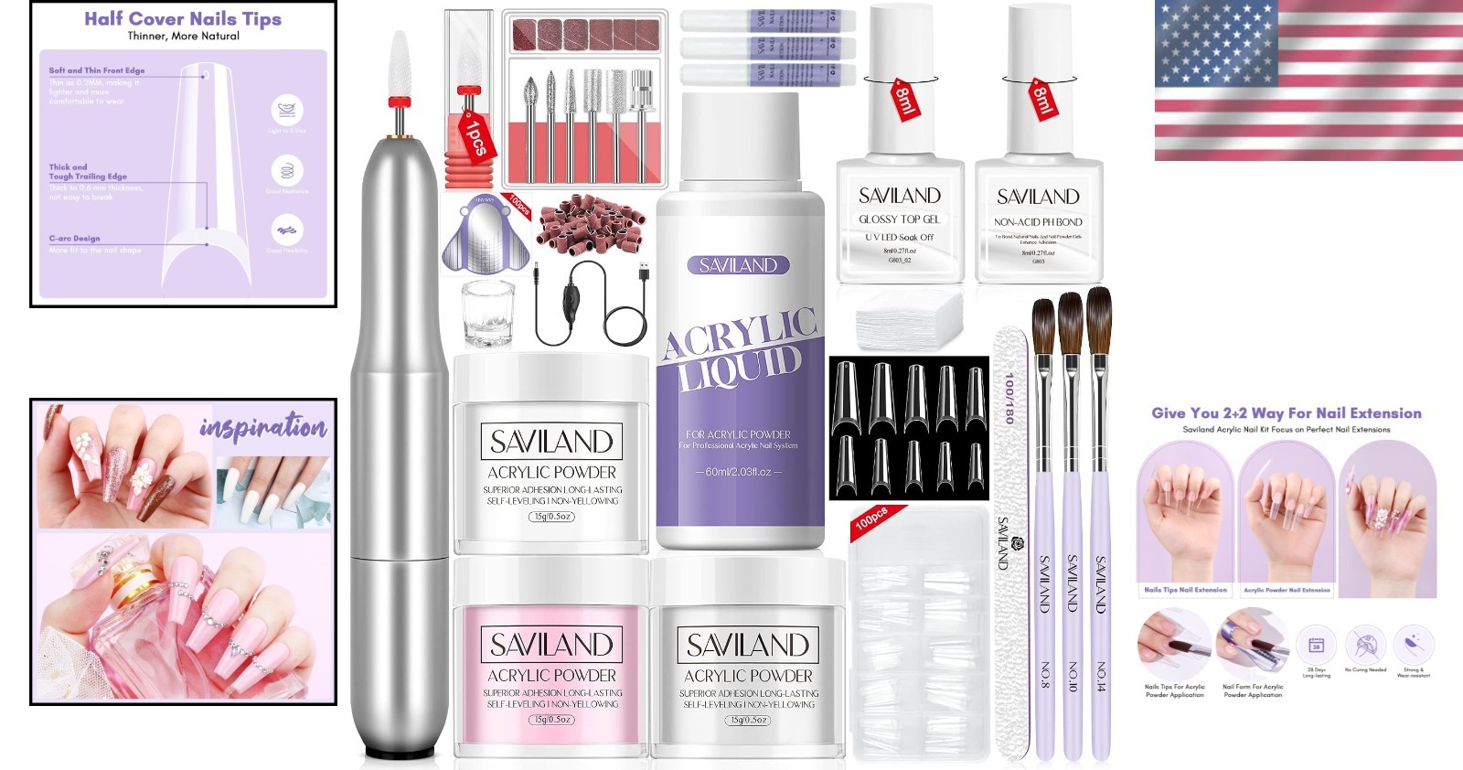 Professional Acrylic Nail Kit with Drill: 3 Powder Colors & Essential Tools