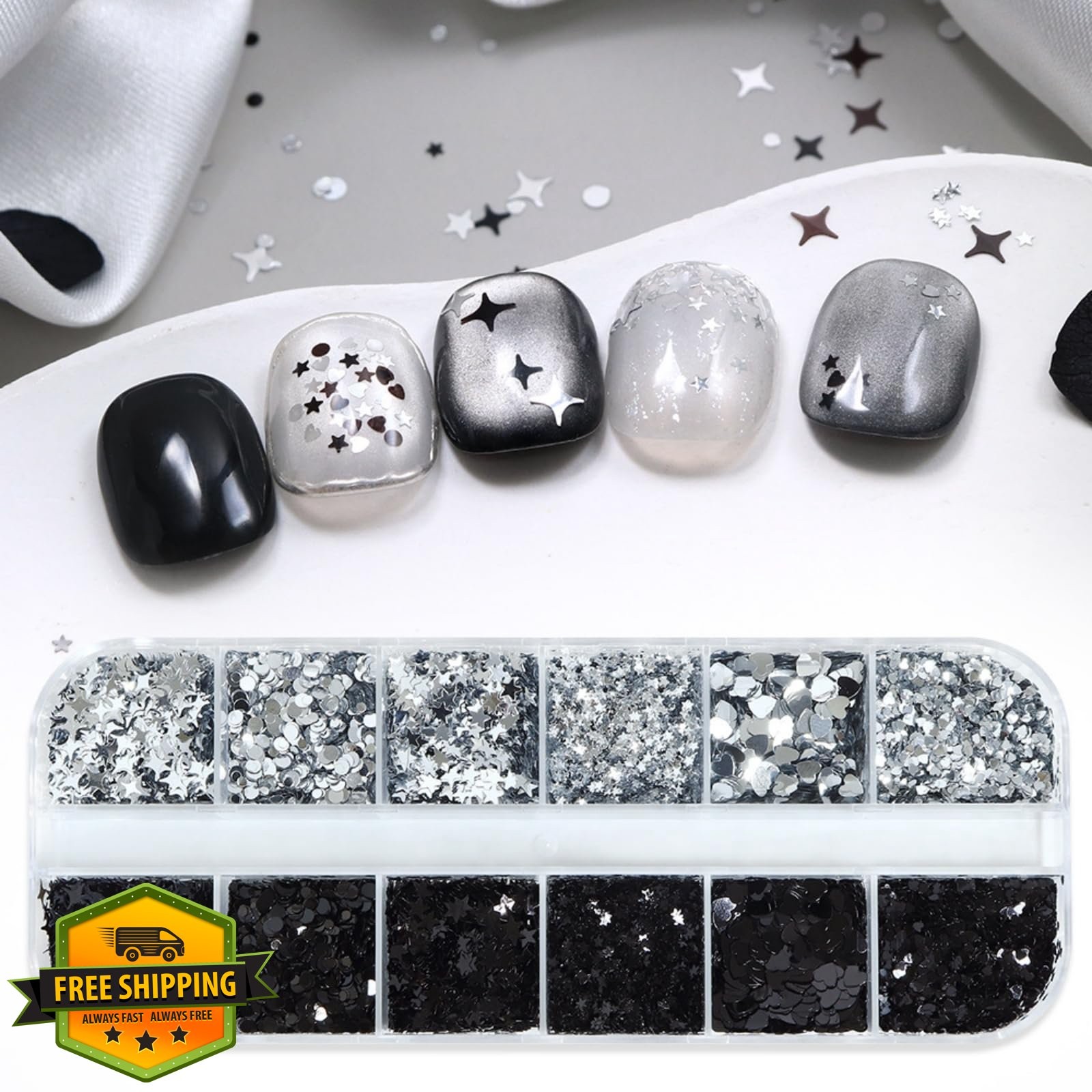NBNTGH Silver Holographic Star Nail Glitter Box