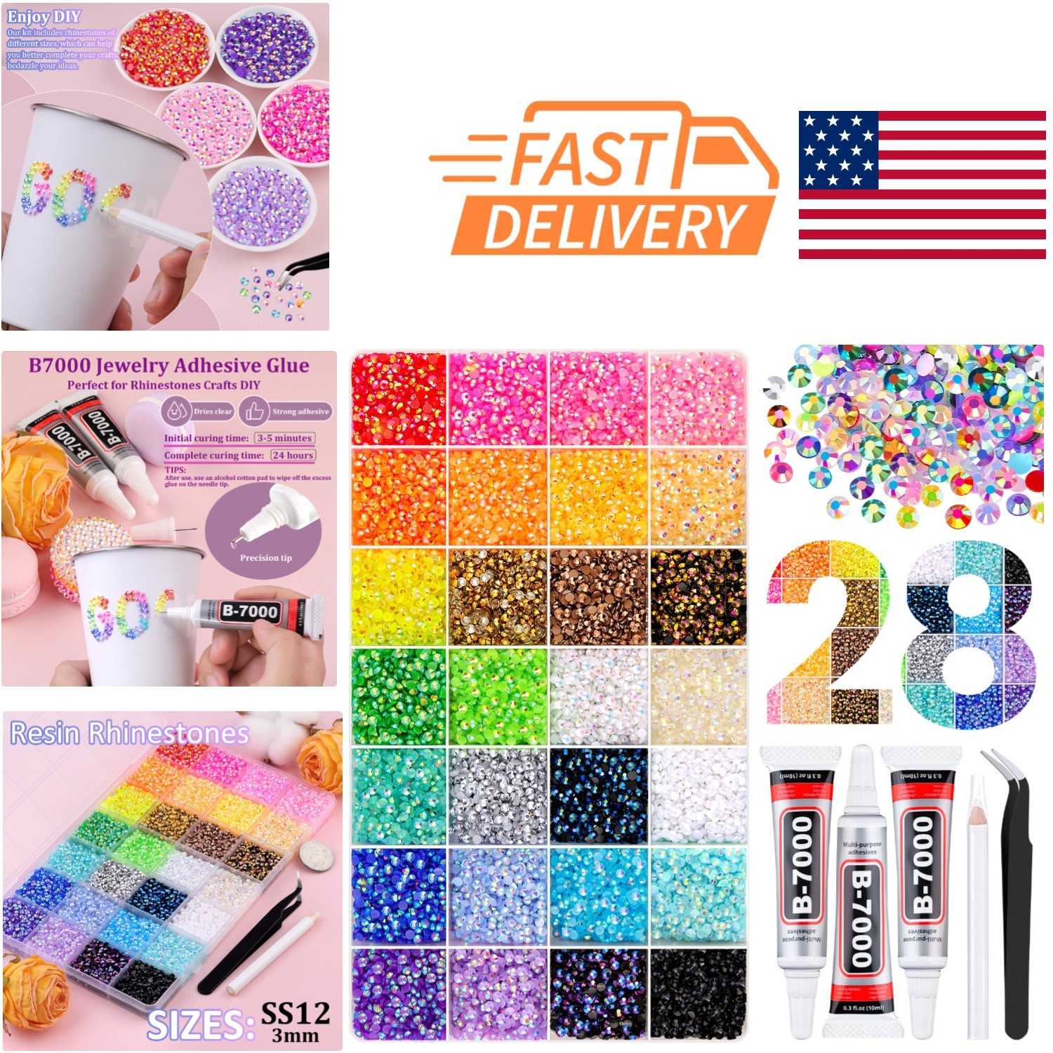 38000 Pcs Flatback Resin Rhinestones for Nail Art Crafting with Glue Included