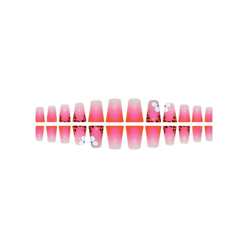 24pcs-Vibrant Fake Nails with Pink Orange Gradient, Leopard Tips and 3D Flowers