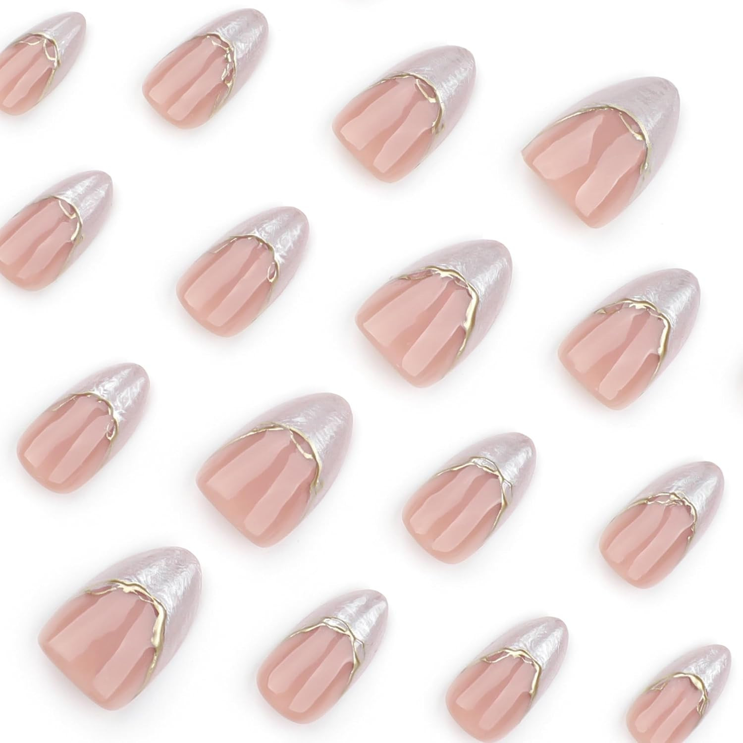 French Short Press on Nails Almond, Nude Fake Nails with Cloudy White French Tip