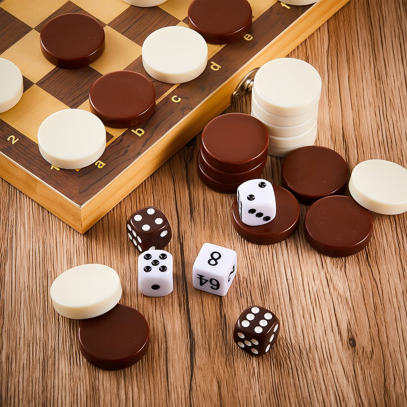 Skylety 30 Pcs Backgammon Pieces 1.25 inches, Beige, White and Brown