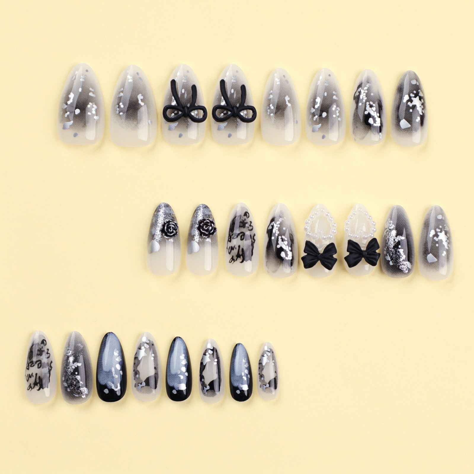 24pcs 3D Black Gray Punk Press On Nails with Letter Print, Medium Almond Shape