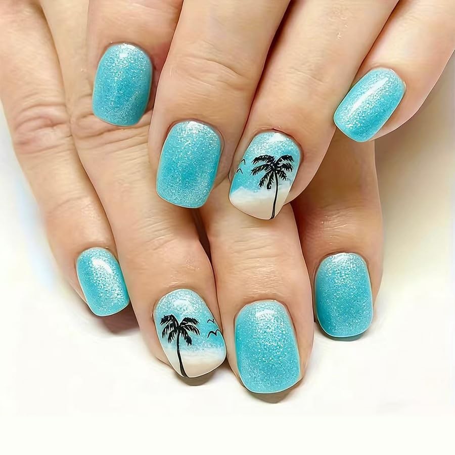Summer Press on Nails Short Square Fake Nails Beach Coconut Tree False Style 26