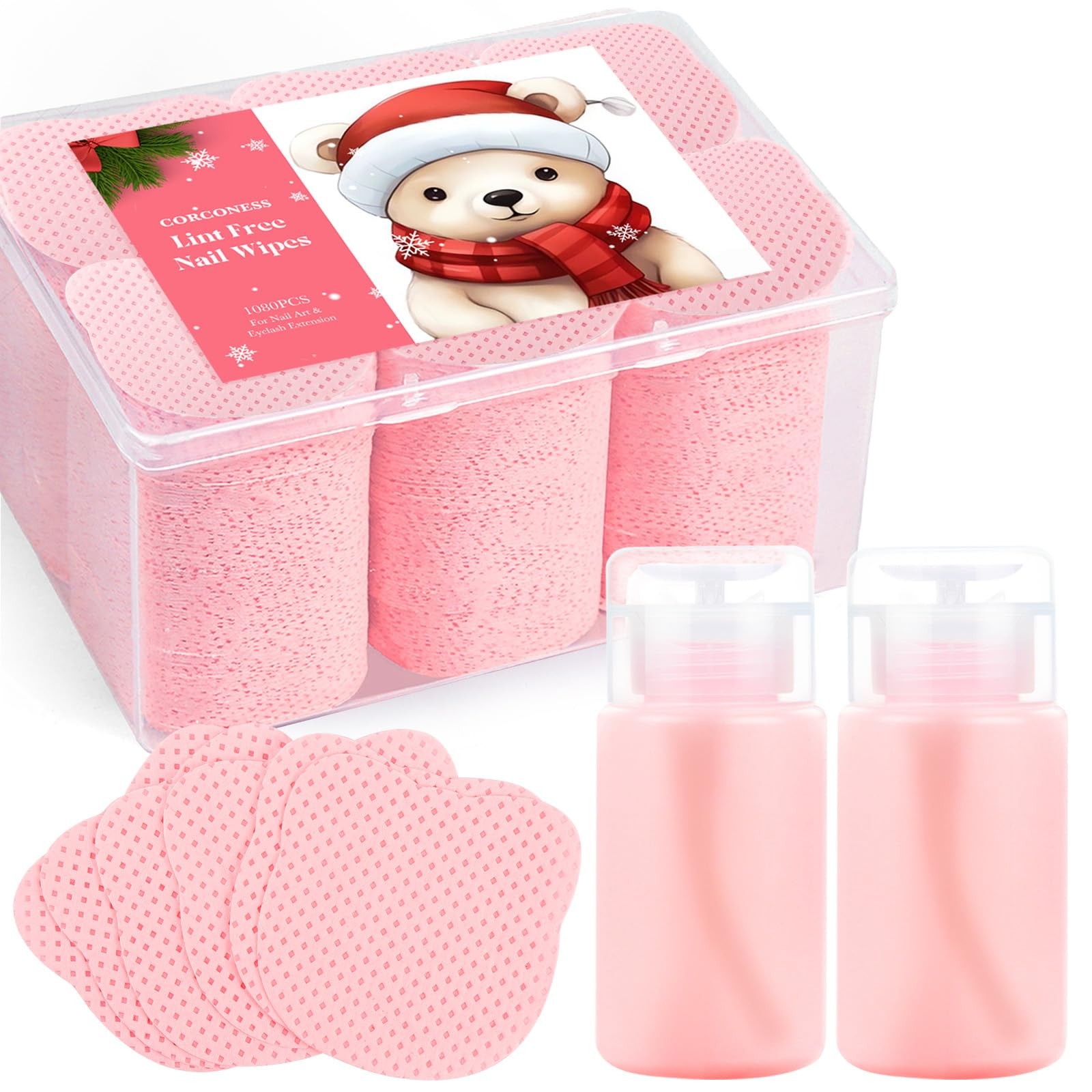 Corconess 1080PCS Lint Free Nail Wipes With 2 Acetone B-1082 SET, Pink