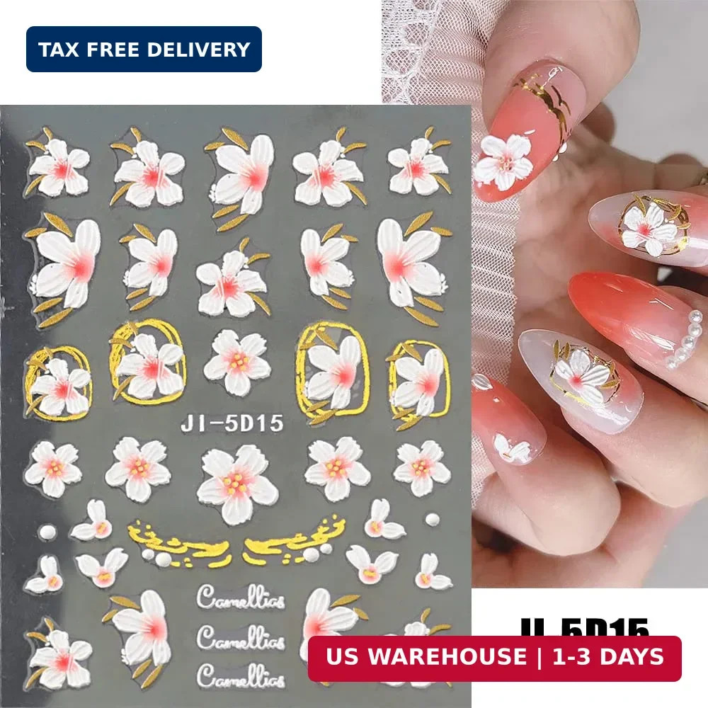 3D Embossed Flower Leaves Nail Art Stickers Decals 4 Sheets 5D Self-Adhesive Peg