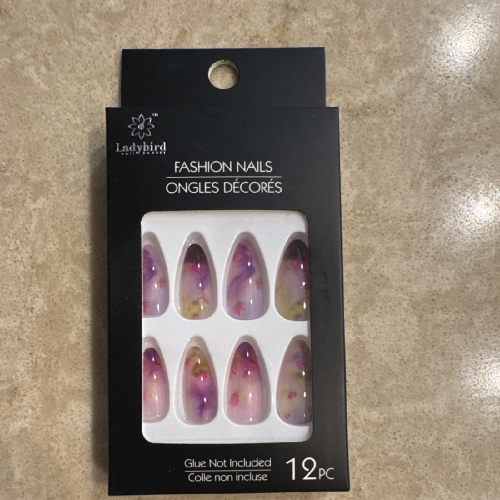Ladybird Press-On Stiletto Nails Purple Pink White Floral Shiny Full Cover 12pc