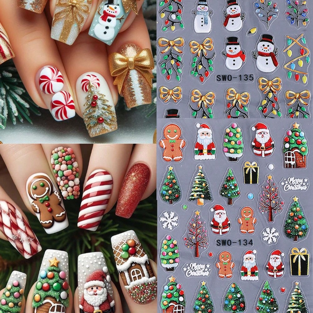 4Pcs 3D Christmas Nail Stickers Self-Adhesive Festive Nail Art Decals for Xmas