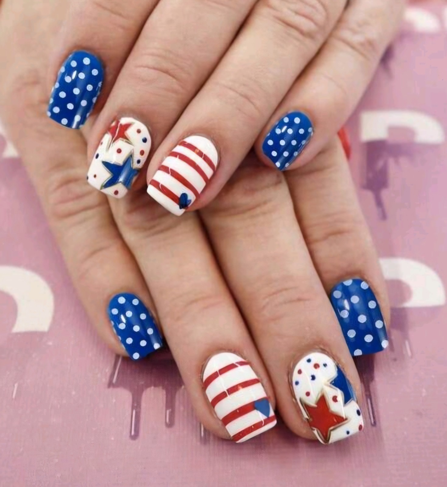 Press-On Nails Red White & Blue Stars Stripes Dots USA Flag Olympics