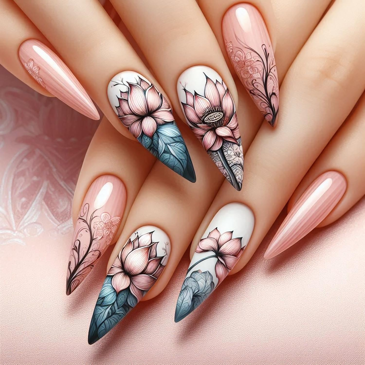 Dark Purple Gradient Press on Nails Medium Almond Shaped Purple Feather Pattern