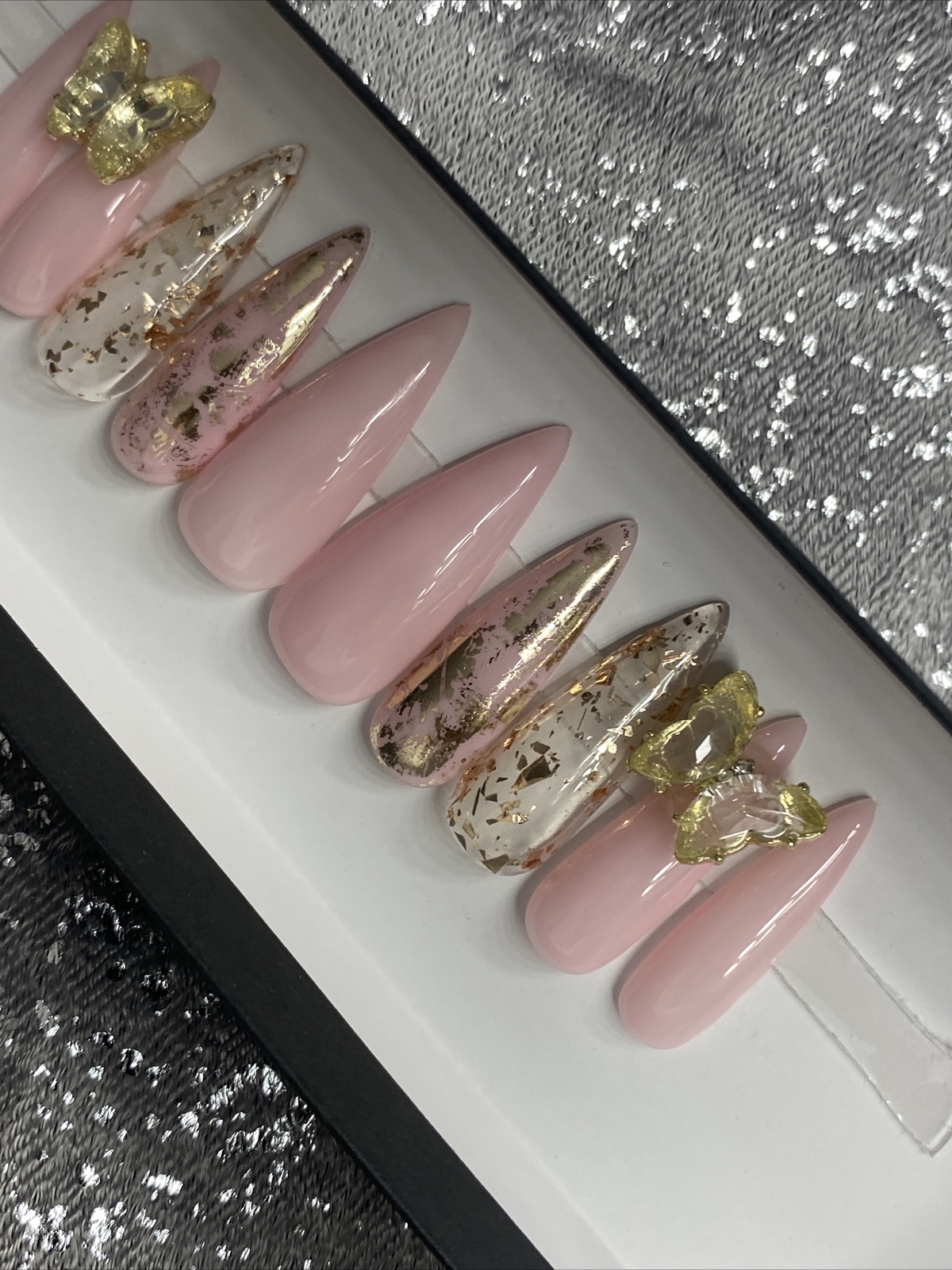 🔥 CUSTOM Gel Press On Nails, PINK W BLING , Stiletto Long, 10p Set W/ KIT NEW