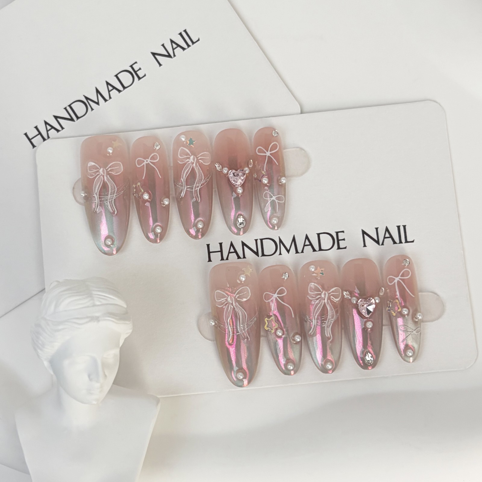 Pink Aurora Bow Press On Nails Almond Pearl Rhinestone Reusable Glue On Set