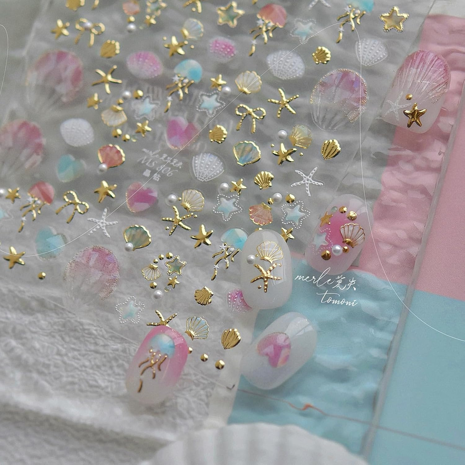 Laser Pearl Seashell Nail Stickers 5D Embossed Gold Ocean Nail Decals Self-Adhes