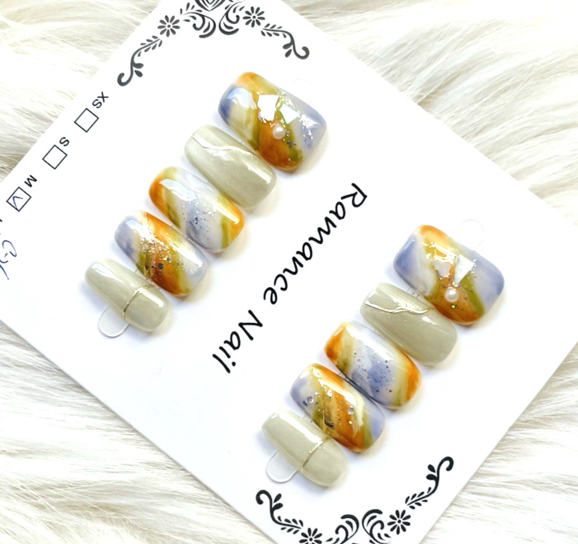 Blue Gold Ombre Premium Press On Nails Size MEDIUM, MD Length Square