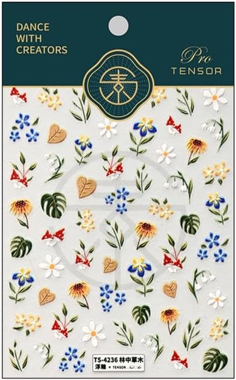 Flower Nail Stickers Floral Daisy Nail Decals 5D Embossed Blue Yellow Nail Desig