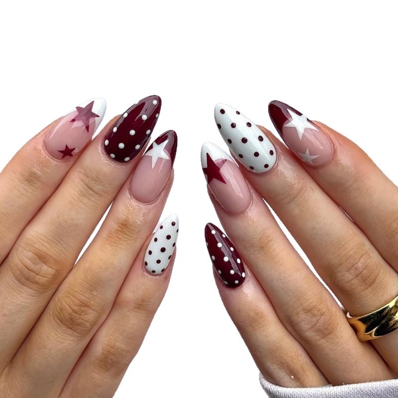 48Pcs Almond Press on Nails, Burgundy Polka Dot Star Sweet Cool Fake Nails