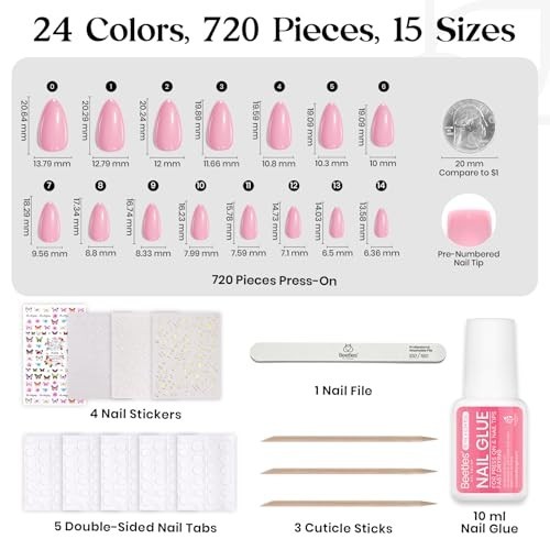 24 Colors Press on Nails Kit – 720 Pcs Short Almond Glossy Matte Glitter, Nail G
