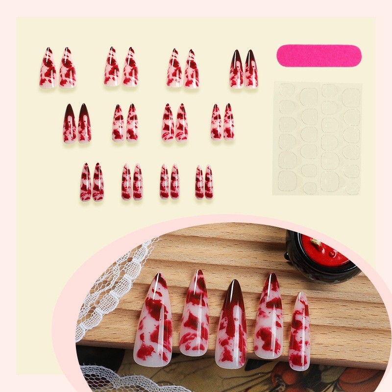 48 Pcs Blood Splatter Press on Nails, Long Stiletto Halloween Party Decor Nails