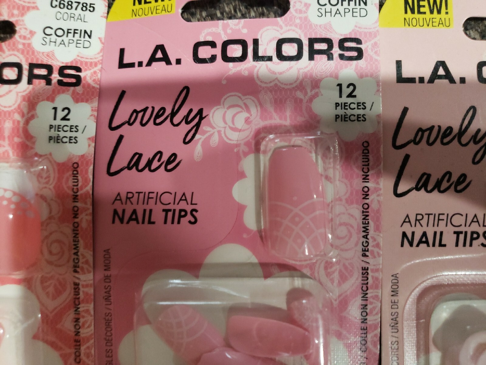 LA COLORS Enchanted artificial nails, lot of 3 Pairs of Lovely Lace 3 Pink Shade