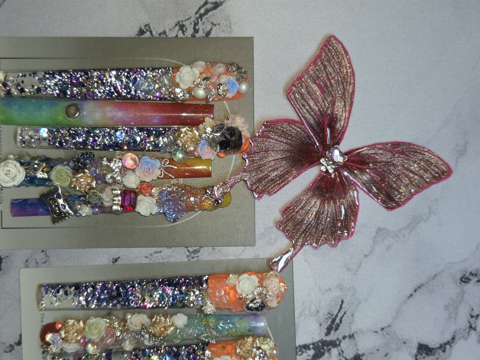 Press On Nails Medium XXXXLONG Galaxy themed colors with butterfly water nails.