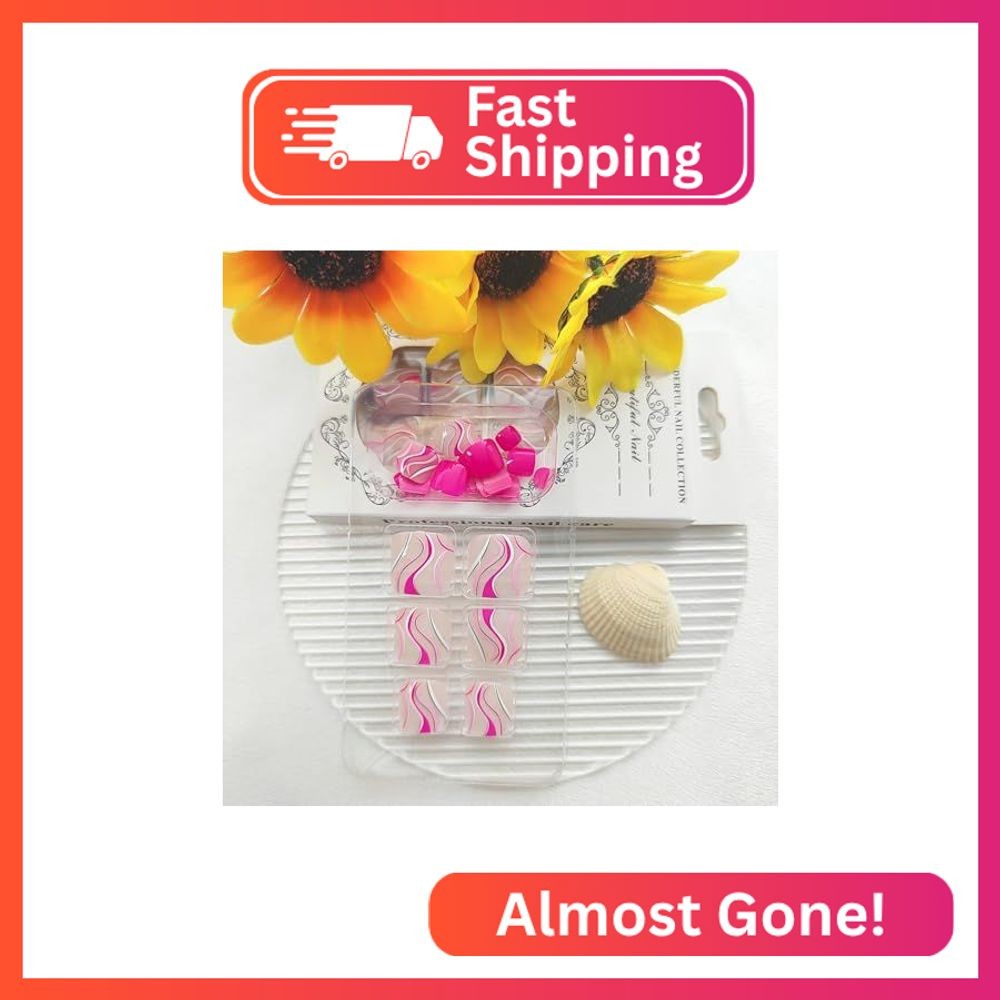 Rose Pink Press on Toenails Short Square Fake Toe Nails with Colorful Swirls Des