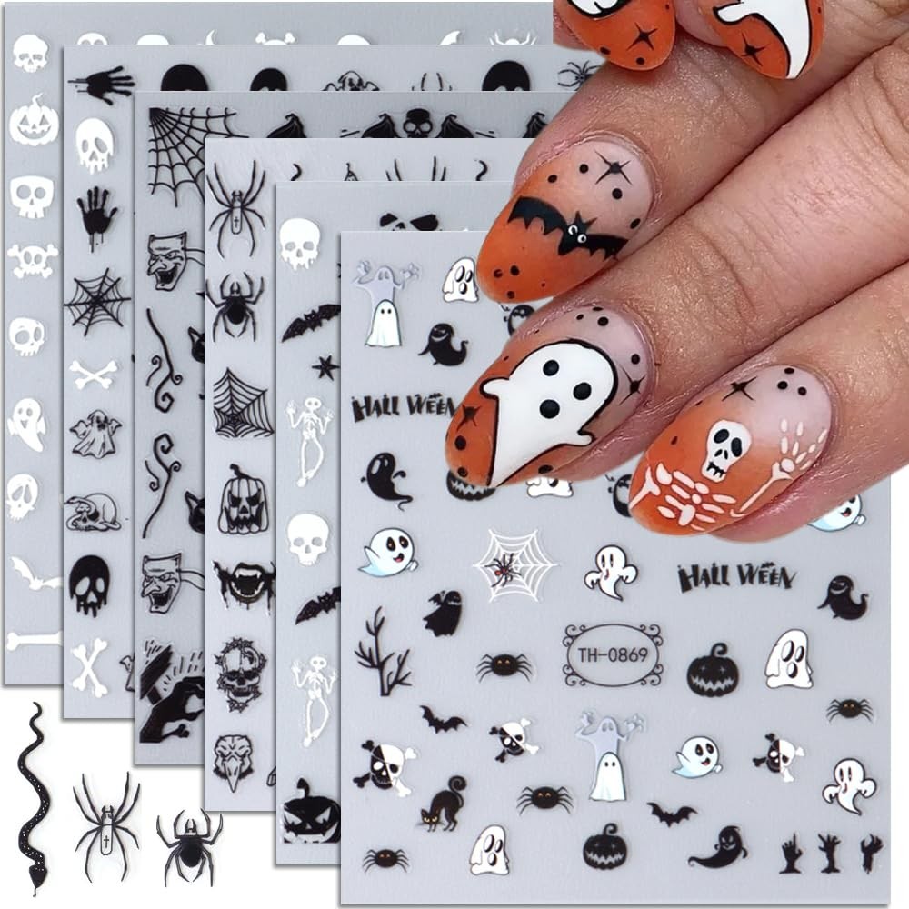 Halloween Nail Stickers, 6 Sheets Black Ghost Nail Decals 3D Self-Adhesive Small