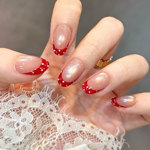 Wine Red French Short Press on Nails Nude Cat Eye Oval Fake Nails White Oval-S9
