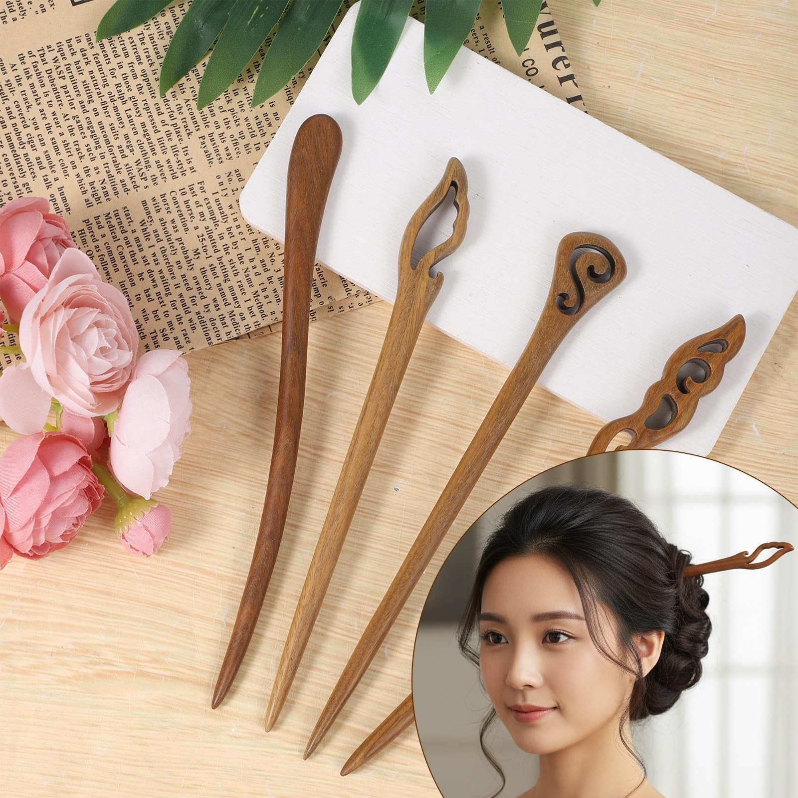 4 Pcs Wooden Hair Sticks for Women, Hanfu Pins 1 Count (Pack of 4), Brown