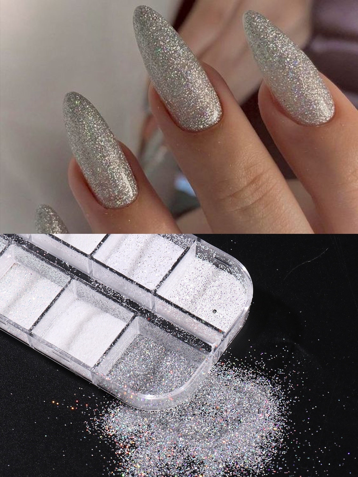 =Sugar Nail Glitter Powder, 12 Grids Iridescent Sandy White Color Nail Glitter