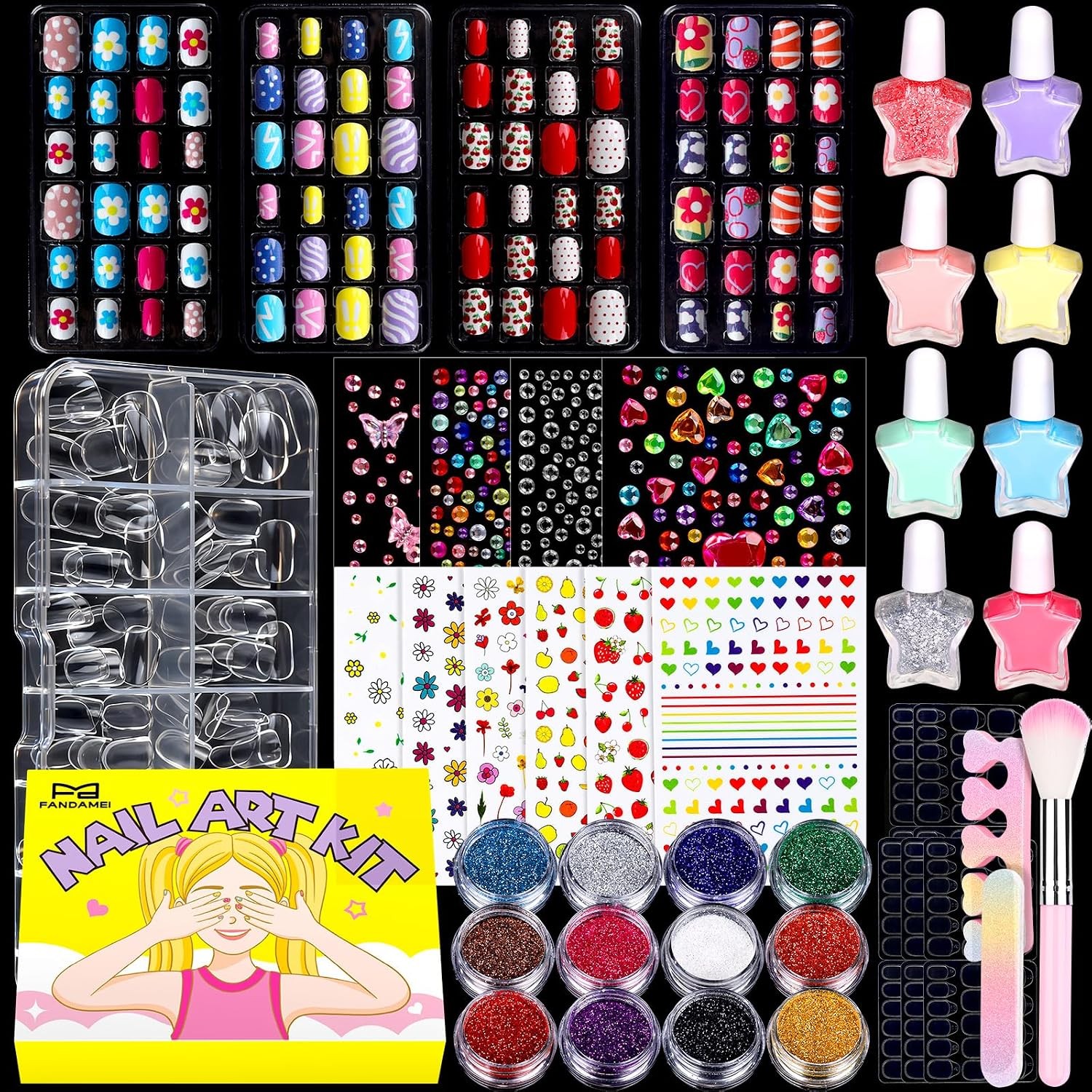 Complete Kids Nail Art Kit Press On Nails Polish Rhinestone Glitter Stickers