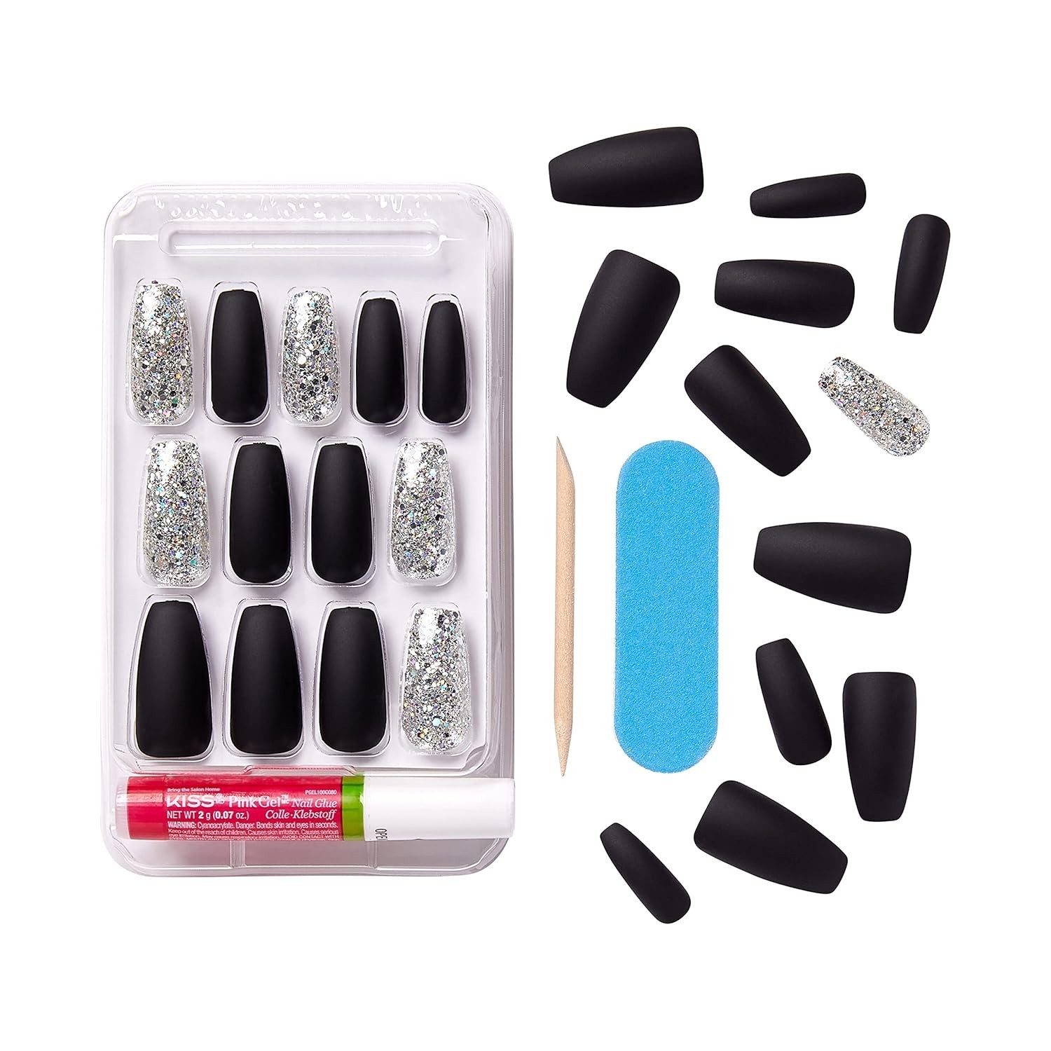 Kiss Gel Fantasy Matte Black Glue-On Nails w Adhesive Tabs Long Coffin Halloween